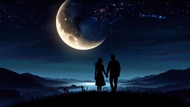 A couple watch Crescent moon and falling star at night romantic in silhouette, 4K High-Quality Romantic Landscape Animation Video