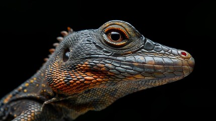 A vividly textured lizard, adorned with an intricate mosaic of scales, peers curiously into the void, its eyes shimmering with life.