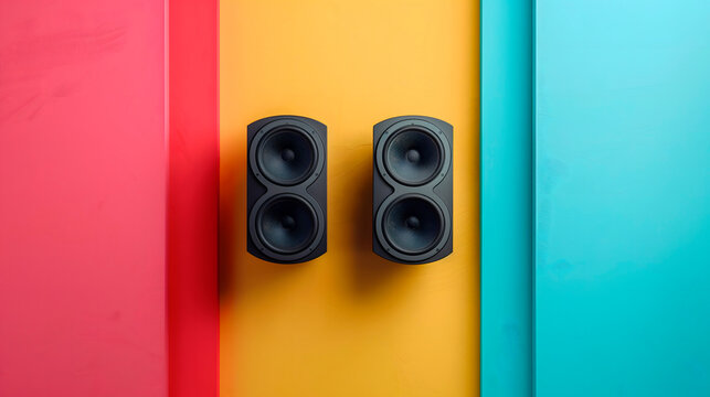 Altavoces coloridos en fondo amarillo y azul
