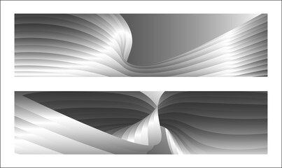 Monochrome cover design, abstract background. Wavy silver parallel gradient lines, ribbons, silk. Set of 2 backgrounds. Black and white with shades of gray banner, poster. eps vector