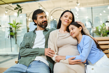 A pregnant woman and her daughter sit on a bench, sharing a quiet moment together in a bustling shopping mall.