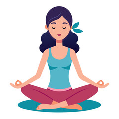 A woman in a lotus position, with eyes closed, is doing yoga