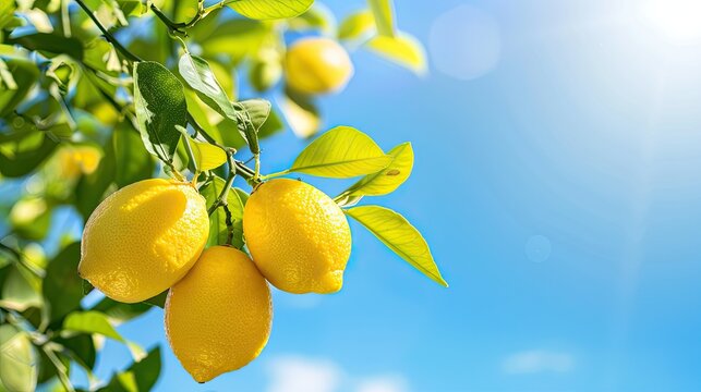 A close-up image of ripe lemons hanging from a branch against a clear blue sky