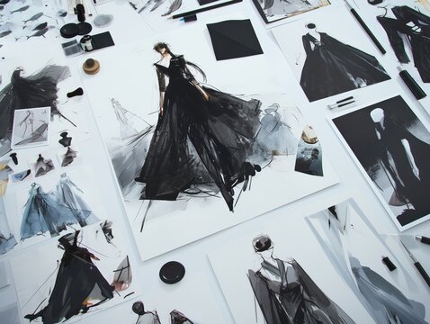 A collection of avantgarde fashion sketches spread across a designers table, showcasing unique and innovative ideas, with various artistic tools and materials,