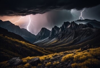 Obraz premium dramatic stormy sky over rugged mountain landscape, nature, scenic, clouds, rocky, rough, weather, overcast, barren, harsh, remote, desolate, atmospheric