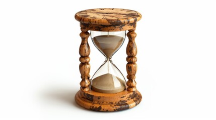 An ornate wooden hourglass with sand halfway through its passage, symbolizing fleeting time and enduring craftsmanship.