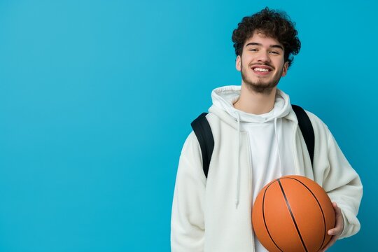 a college student with basketball on a blue background, College Student Athlete Playing Basketball on a Blue Background, Dynamic College Basketball Player in Action on a Blue Background