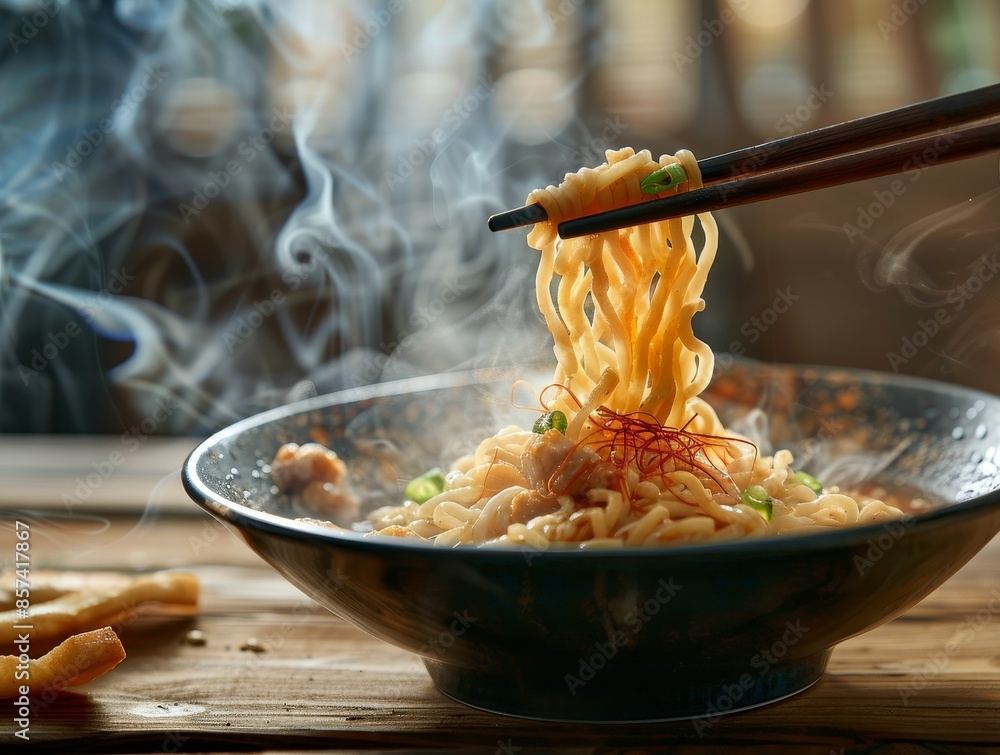 Sticker hand uses chopsticks to pick up steamy noodles in a bowl on wooden background asian meal on table co