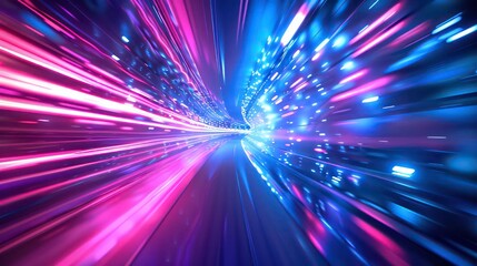Obraz premium Futuristic abstract flight in retro neon hyper warp space in the tunnel blue and pink background. Generative AI