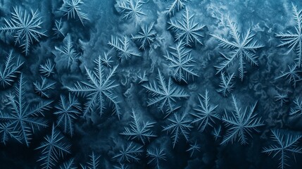 Intricate frost patterns resembling fern leaves spread across a cold, blue-tinted glass surface.