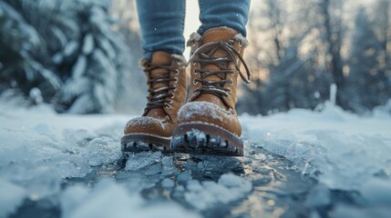 Boots Walking on Icy Path in a Snowy Forest