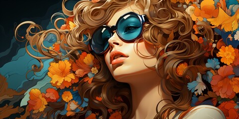 illustration of a flower power woman with sunglasses surrounded by flowers in the style of the 60s