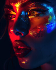 Close-up portrait of a person with vibrant neon lights casting dramatic colors on their face, showcasing intense expression and glossy details.