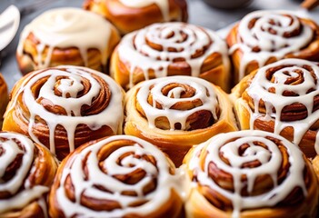 Fototapeta premium delicious cinnamon rolls sweet icing drizzle, pastry, dessert, homemade, sugary, treat, swirl, bakery, flavor, snack, glaze, tasty, scrumptious, appetizing