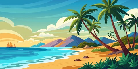 Tropical Beach with Palm Trees for Poster or Wallpaper Design