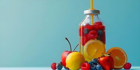 Web banner for IV therapy services with fruits saline bag and health focus. Concept Health and Wellness, IV Therapy, Fruits, Saline Bag, Medical Services