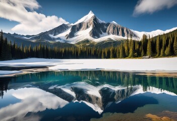 Fototapeta premium snow capped mountain peak mirrored lake, snowy, reflection, summit, water, white, icy, cold, landscape, nature, wilderness, tranquil, serene, winter