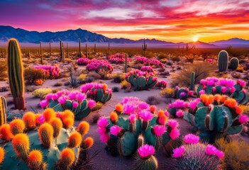 Fototapeta premium vivid sunset glow over desert landscape filled cacti, arid, beauty, bright, cactus, colorful, dry, dusk, earth, environment, evening, exotic, flora, growth
