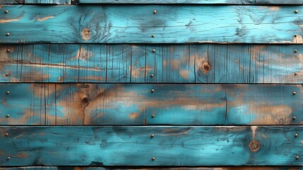 Fototapeta premium Weathered turquoise wooden planks bear the beautiful scars of time and elements, lined with rustic nails and faded paint.