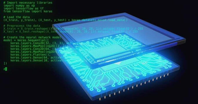 A 3D animation depicting the evolution of AI: starting with lines of code, followed by particles forming a quantum processor. The processor integrates into a brain, spreading circuits like those on a