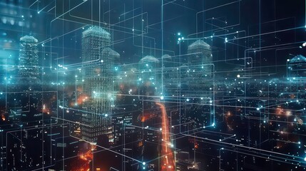 Fototapeta premium Futuristic technology trend in machine learning concept. Connection neural network 5g community in smart city with use artificial intelligence to share or receive data