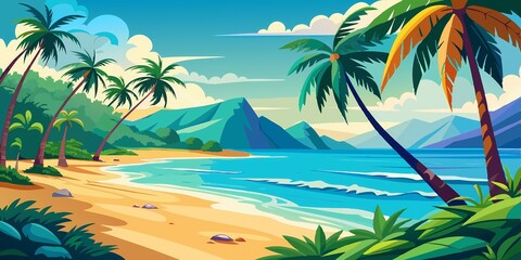 Fototapeta premium Tropical Beach with Palm Trees for Poster or Wallpaper Design