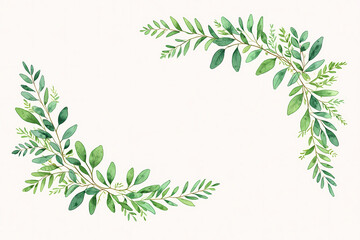 Obraz premium Watercolor green leaves frame. Herbal eucalyptus border. Green leaves and branches on white background. Simple minimalistic design for card, invitation, poster, save the date, wedding or greeting