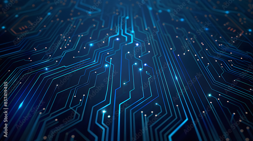 Poster thin circuit trace lines in blue on a dark technology background. abstract digital tech bg. electron