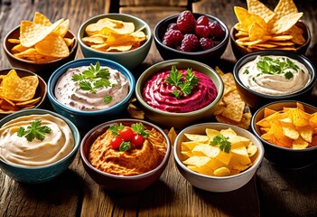 colorful assortment dips small bowls crispy chips snacking, appetizers, salsa, guacamole, hummus, condiments, vegetables, nachos, garnish, buffet, platter