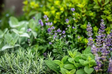 Fototapeta premium Herb garden with rosemary sage lavender thyme mint oregano