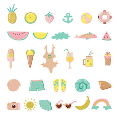 cute summer icons set isolated on white backgroun. Tropical holidays. Summer beach. Vector illustration.