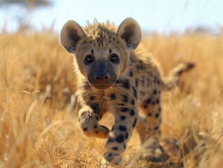 A close-up shot of a baby hyena walking through tall grass in its natural habitat on a sunny day.
