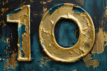 Golden painted number ten on dark, rough background. Symbol 10. Invitation for a tenth birthday party or business anniversary. Textured paint, artistic style.