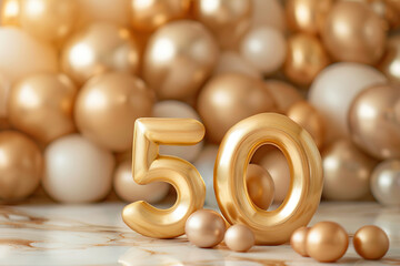 Golden, shiny number fifty with blurred beige balloons on the background. Symbol 50. Invitation for a fiftieth birthday party or business anniversary.