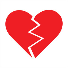 Red Heart broken to two pieces vector illustration icon or logo, broken heart concept, breakup or divorce, heartbreak regret, separated couple, tragic love. Broken Red Heart Emoji.