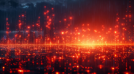 Futuristic digital cityscape illuminated by glowing red lights, reflecting in water. Concept of technology, urban development, and digital transformation.