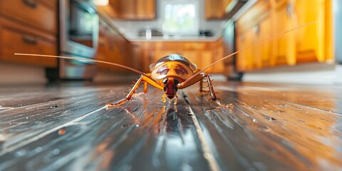 Cockroach infestation in home kitchen requires pest control for cleanliness. Concept Pest Control, Cockroach Infestation, Home Kitchen, Cleanliness, Health and Safety