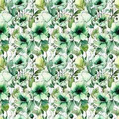 Fototapeta premium Seamless abstract watercolor pattern with green flowers on a white background. Fabric, wrapping paper. Generative AI