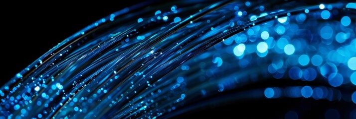 A closeup photograph of glowing fiber optic cables intertwined against a black background