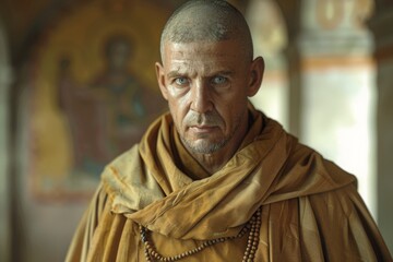 Naklejka premium A determined monk in a saffron robe, standing in a dimly lit corridor with an intense gaze, reflecting spirituality and discipline.