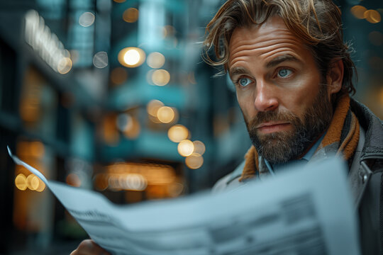 Bearded man reading newspaper on city street, contemplating urban life with intense gaze. Concept of media consumption, current events, and urban living.