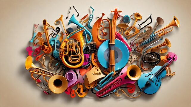 Music background with colorful music instruments and vinyl record disc vector illustration. Music festival poster with double bell euphonium, violoncello, trumpet, piano, euphonium, sax and guitar