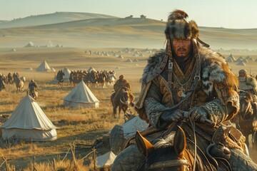 A Mongolian warrior in traditional fur attire, riding a horse across a vast steppe with yurts and other riders in the background, showcasing nomadic life.