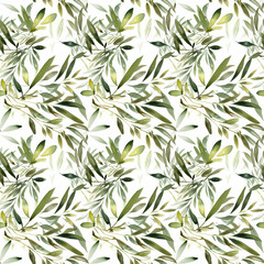Naklejka premium Seamless abstract watercolor pattern with olive sprig on a white background. Fabric, wrapping paper. Generative AI