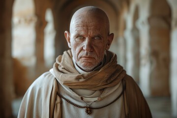 Naklejka premium A stern medieval monk with a shaved head and wearing a beige robe, stands in a dimly lit stone corridor, exuding authority and contemplation.