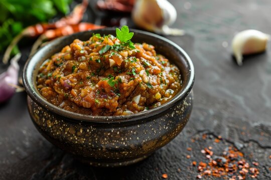 Indian garlic chutney served in a bowl with selective focus on moody background