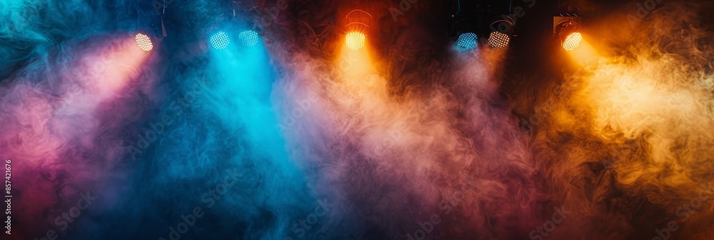 Poster a captivating image of brightly colored stage lights illuminating a dark stage filled with dense smo