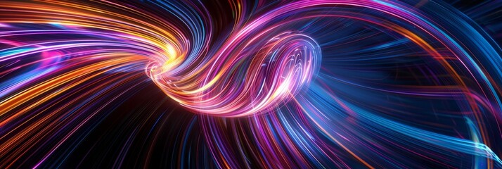 Obraz premium A digital artwork showcasing vibrant neon-colored light patterns in a swirling motion against a dark backdrop. The wide-angle perspective creates a sense of depth and immersion