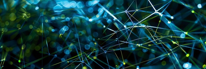 A dynamic close-up photo showcasing intricate blue and green lines forming a complex network against a dark background