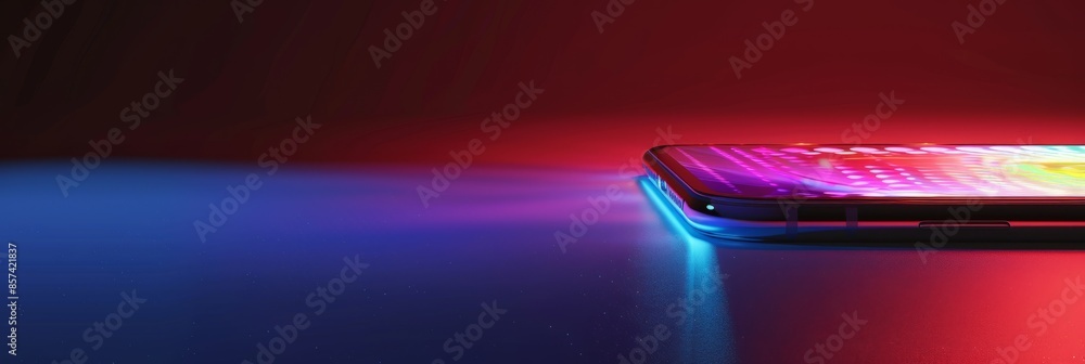 Poster a smartphone on a table in a studio setting projects a holographic interface with vibrant neon color